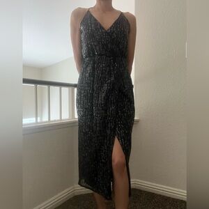 Black Sequin Midi Dress with Slit